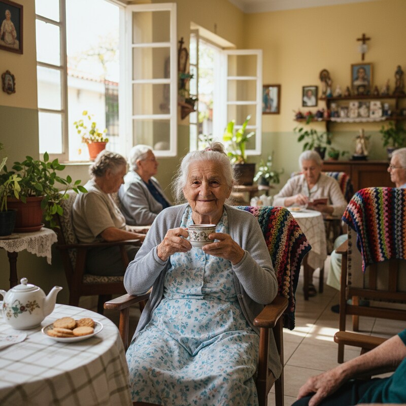 Idosas durante o chá da tarde no lar de idosos em Canoas Vitalle Senior Care