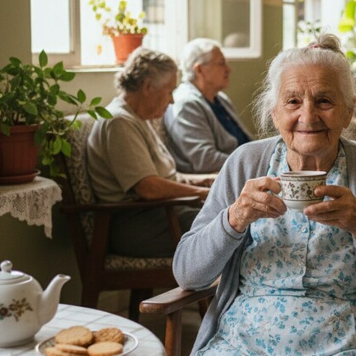 Idosa sorrindo com xícara de chá durante o chá da tarde