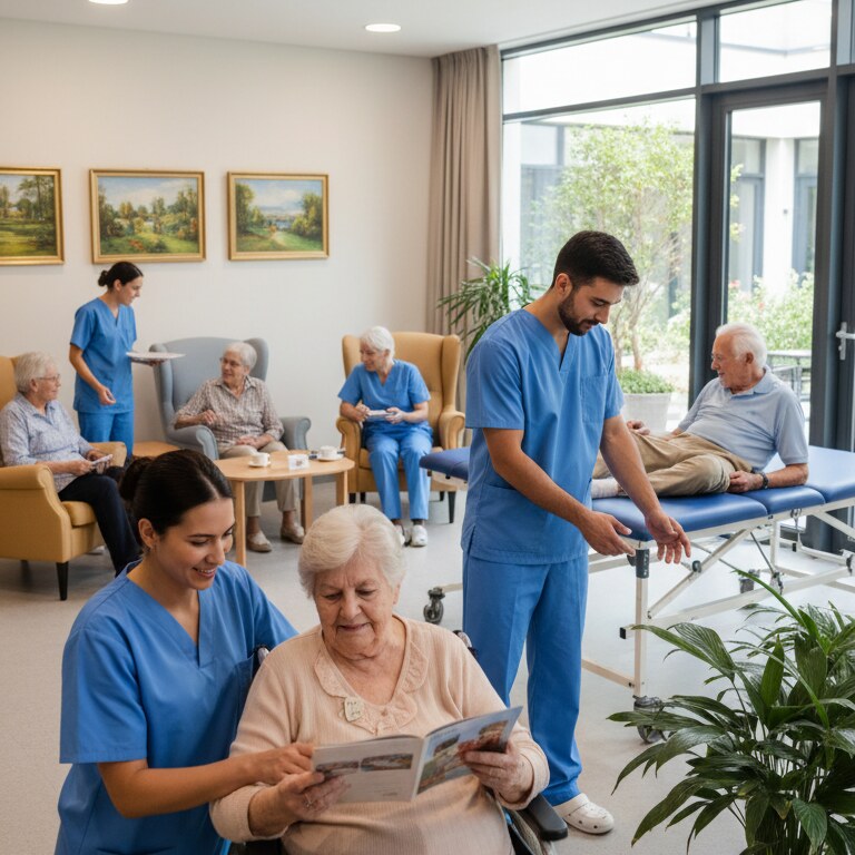 Sala de fisioterapia com cuidadores atendendo idosos na Vitalle Senior Care